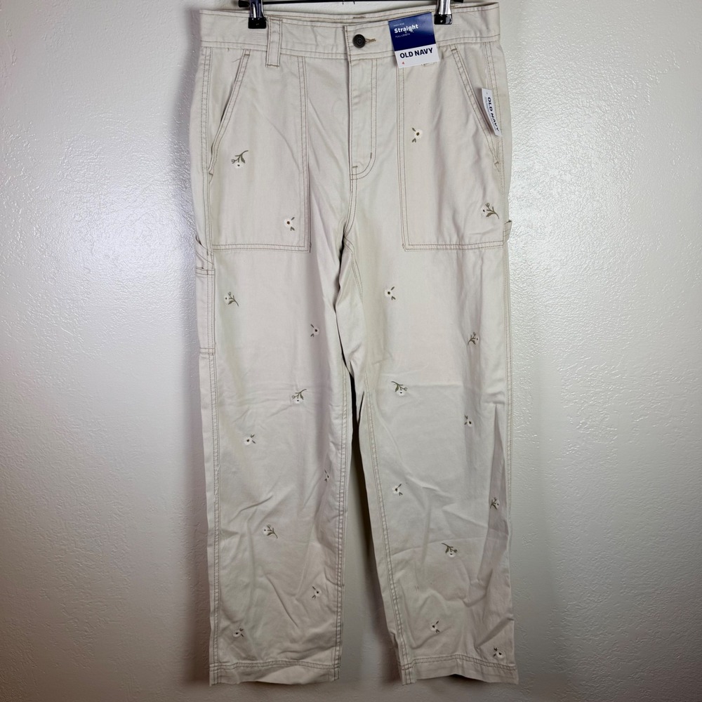 New Old Navy Womens 4 Cream Floral Embroidered High Rise Straight Pants Cottage